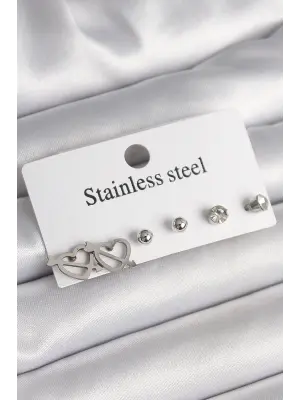   Gümüş Ok Kalp Model Zirkon Taşlı Topçuk Model Çelik Küpe Seti