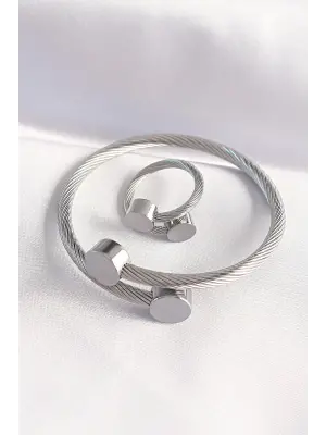316L Çelik Gümüş Renk Oval Aksesuarlı Burgu Model Bileklik ve Yüzük Kombini