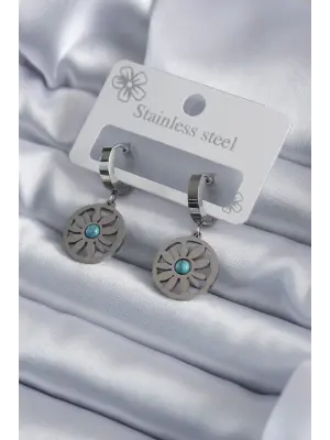   Gümüş Papatya Model Mavi Taş Detay Çelik Küpe