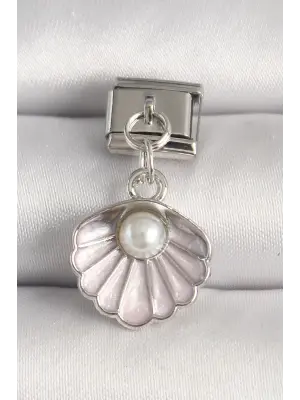 316L Çelik Gümüş Renk Pembe Deniz Kabuğu Model İnci Detay Nomination Charm