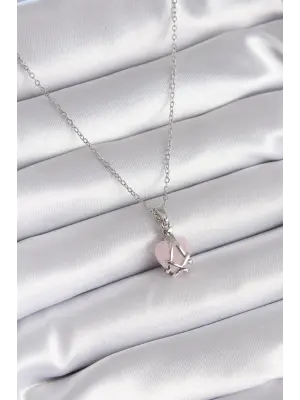  Gümüş  Pembe Kalp Model  Çelik Kolye
