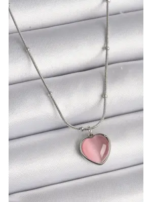  Gümüş  Pembe Kedi Gözü Sedefli Kalp Model  Çelik Kolye