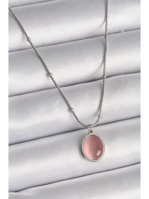  Gümüş  Pembe Kedi Gözü Sedefli Oval Model  Çelik Kolye