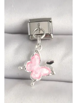 316L Çelik Gümüş Renk Pembe Kelebek Model Kelebek Detay Nomination Charm