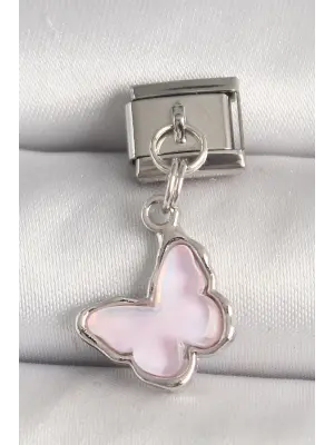 316L Çelik Gümüş Renk Pembe Kelebek Model Nomination Charm