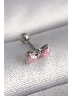 316L Çelik Gümüş Renk Pembe Kurdele Zirkon Taş Detay Tragus Piercing