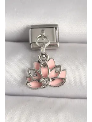 316L Çelik Gümüş Renk Pembe Lotus Model Zirkon Taş Detaylı Nomination Charm
