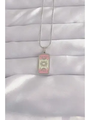  Gümüş  Pembe Mineli Ay Figür Tarot Çelik Kolye
