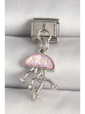 316L Çelik Gümüş Renk Pembe Mineli Deniz Anası Model Zirkon Taş Detaylı Nomination Charm