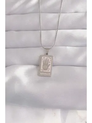  Gümüş  Pembe Mineli El Figür Tarot Çelik Kolye