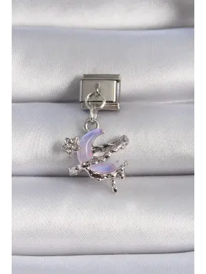 316L Çelik Gümüş Renk Pembe Mineli Hilal Figür Zirkon Taşlı Yıldız Detay Nomination Charm