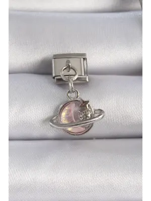 316L Çelik Gümüş Renk Pembe Mineli Hilal Yıldız Figür Zirkon Taşlı Nomination Charm