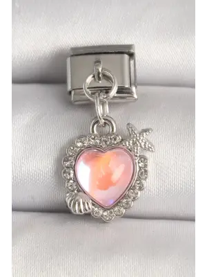 316L Çelik Gümüş Renk Pembe Mineli Kalp Model Deniz Yıldız Detay Nomination Charm