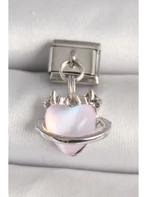 316l Çelik Gümüş Renk Pembe Mineli Kalp Model Nomination Charm