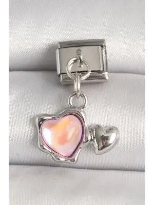 316L Çelik Gümüş Renk Pembe Mineli Kalp Model Nomination Charm