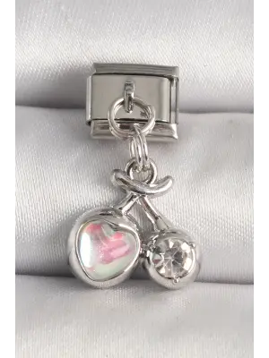 316L Çelik Gümüş Renk Pembe Mineli Kalp Zirkon Taş Detay Nomination Charm