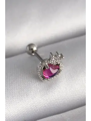 316L Çelik Gümüş Renk Pembe Mineli Kalp Zirkon Taş Detaylı Taç Tragus Piercing