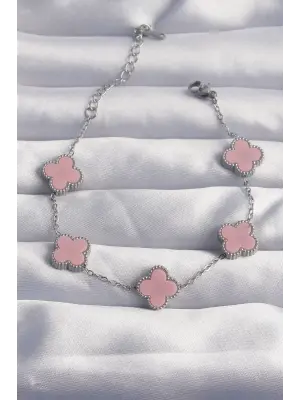 316L Çelik Gümüş Renk Pembe Mineli Yonca Bileklik