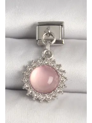 316L Çelik Gümüş Renk Pembe Mineli Zirkon Taşlı Güneş Model Nomination Charm