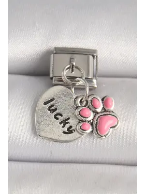 316L Çelik Gümüş Renk Pembe Pati lucky İşlemeli Kalp Model Nomination Charm