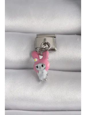 316L Çelik Gümüş Renk Pembe Şapkalı Tavşan Model Nomination Charm
