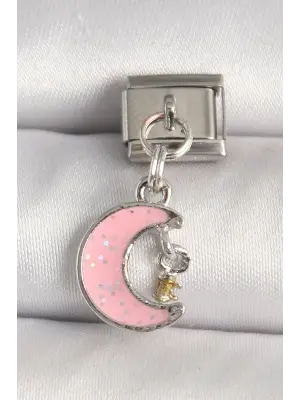 316L Çelik Gümüş Renk Pembe Simli Hilal Model Sallantı Detay Nomination Charm