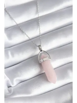  Gümüş  Pembe Taşlı  Çelik Kolye