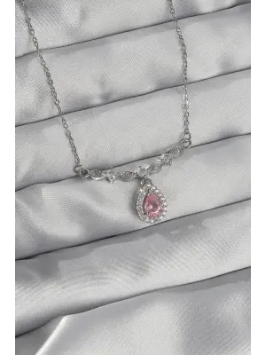  Gümüş  Pembe Zirkon Taşlı Damla Çelik Kolye
