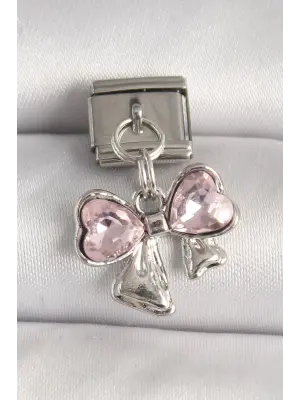 316L Çelik Gümüş Renk Pembe Zirkon Taşlı Fiyonk Model Nomination Charm