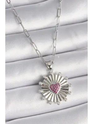  Gümüş  Pembe Zirkon Taşlı Kalp İşleme Madalyon Model  Çelik Kolye