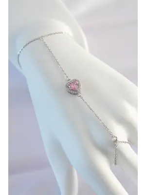 316L Çelik Gümüş Renk Pembe Zirkon Taşlı Kalp Model Şahmeran