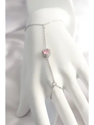316L Çelik Gümüş Renk Pembe Zirkon Taşlı Kalp Şahmeran