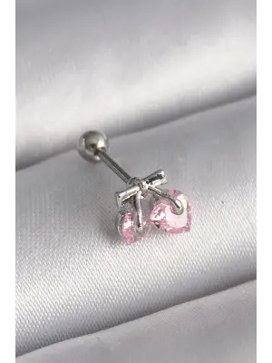 316L Çelik Gümüş Renk Pembe Zirkon Taşlı Kalp Tragus Piercing