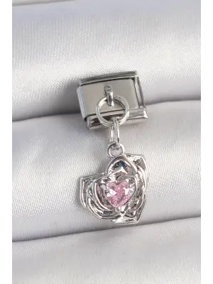 316L Çelik Gümüş Renk Pembe Zirkon Taşlı Kalpli Gül Model Nomination Charm