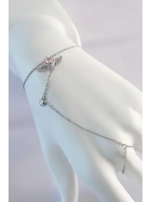 316L Çelik Gümüş Renk Pembe Zirkon Taşlı Kanatlı Kalp Model Şahmeran