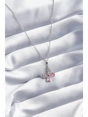  Gümüş  Pembe Zirkon Taşlı Kelebek Model  Çelik Kolye