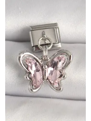 316L Çelik Gümüş Renk Pembe Zirkon Taşlı Kelebek Model Nomination Charm