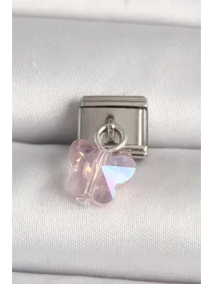 316L Çelik Gümüş Renk Pembe Zirkon Taşlı Kelebek Model Nomination Charm