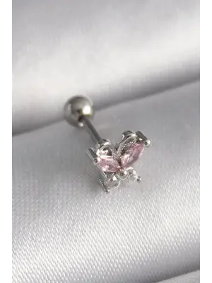 316L Çelik Gümüş Renk Pembe Zirkon Taşlı Kelebek Tragus Piercing