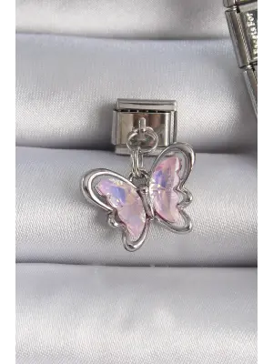 316L Çelik Gümüş Renk Pembe Zirkon Taşlı Sallantı Kelebek Figür Nomination Charm