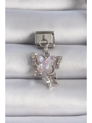 316L Çelik Gümüş Renk Pembe Zirkon Taşlı Sallantılı Kelebek Model Nomination Charm