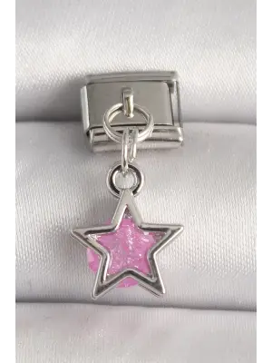 316L Çelik Gümüş Renk Pembe Zirkon Taşlı Yıldız Model Nomination Charm