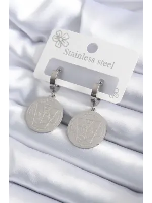   Gümüş Pentagram İşleme Model Çelik Küpe