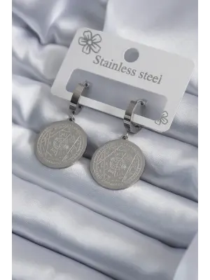   Gümüş Pentagram Yıldızı İşleme Çelik Küpe