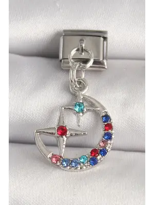 316L Çelik Gümüş Renk Renkli Zirkon Taşlı Yıldız Model Nomination Charm