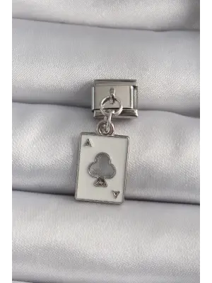 316L Çelik Gümüş Renk Sallantı Beyaz İskambil Kağıt Model Nomination Charm