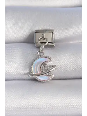316L Çelik Gümüş Renk Sallantı Beyaz Mineli Hilal Figür Zirkon Taş Detay Nomination Charm
