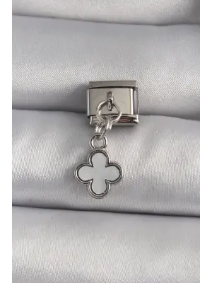 316L Çelik Gümüş Renk Sallantı Beyaz Yonca Model Nomination Charm