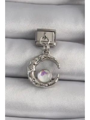 316L Çelik Gümüş Renk Sallantı Hilal Model Beyaz Sedef Detay Nomination Charm