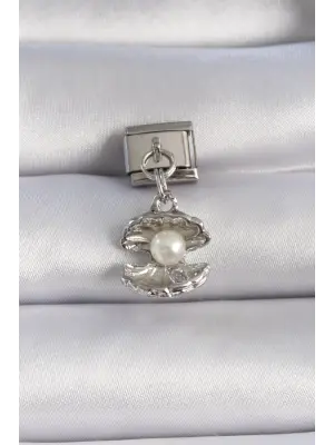 316L Çelik Gümüş Renk Sallantı İstiridye Model İnci Detay Nomination Charm